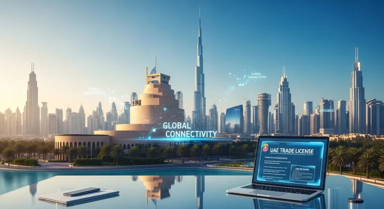 Futuristic Dubai skyline at sunrise with a digital business license displayed on a laptop, showing 2026 business setup in UAE.