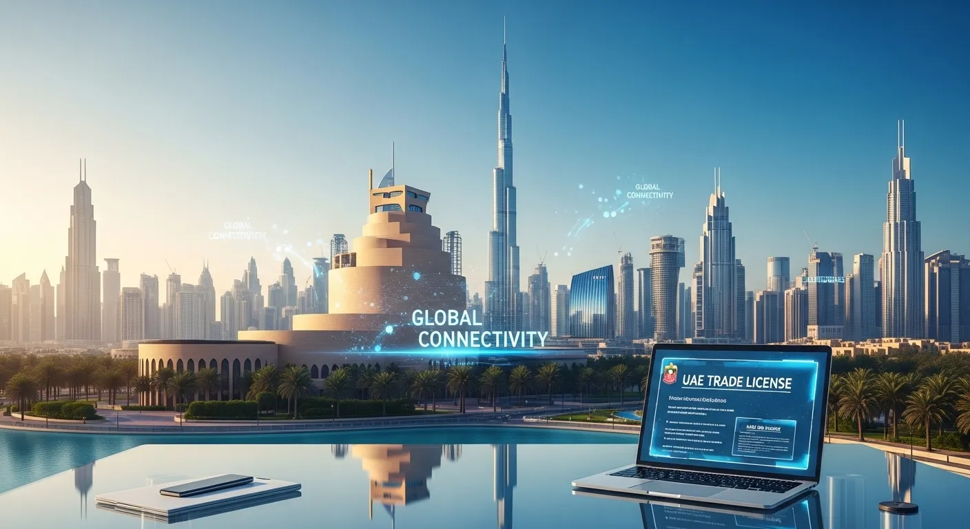 Futuristic Dubai skyline at sunrise with a digital business license displayed on a laptop, showing 2026 business setup in UAE.