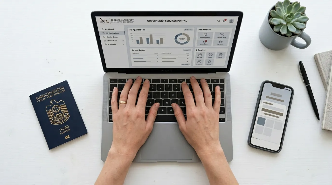 check emirates id status online icp portal Person checking Emirates ID application status on a laptop and smartphone using ICP portal