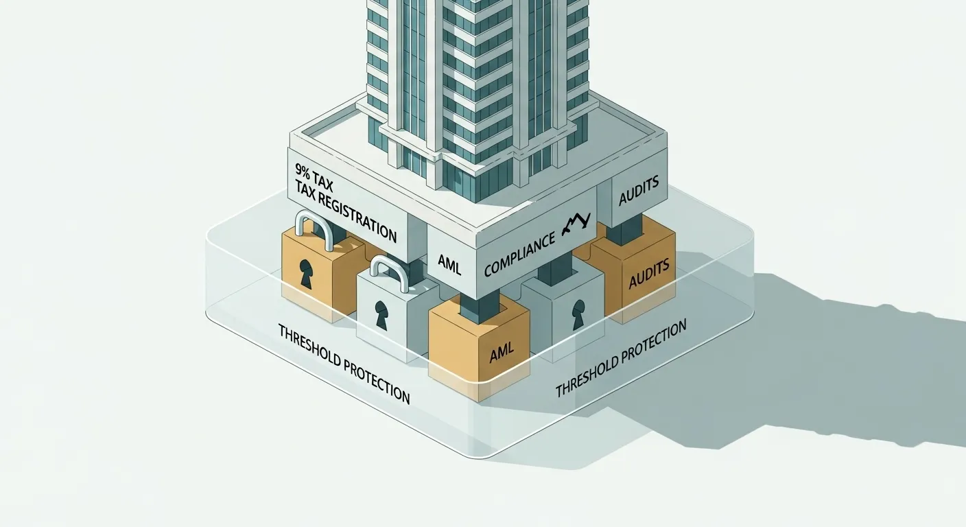 3D illustration of "Compliance" and "Tax" blocks forming a solid foundation for a UAE company, symbolizing 2026 tax registration.