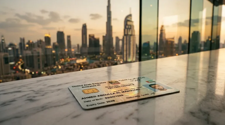 Emirates ID card placed on a marble surface with Dubai skyline in the background