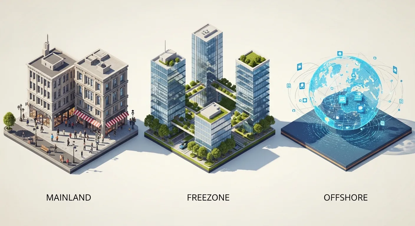 3D isometric illustration representing the three UAE business jurisdictions: Mainland, Freezone, and Offshore.
