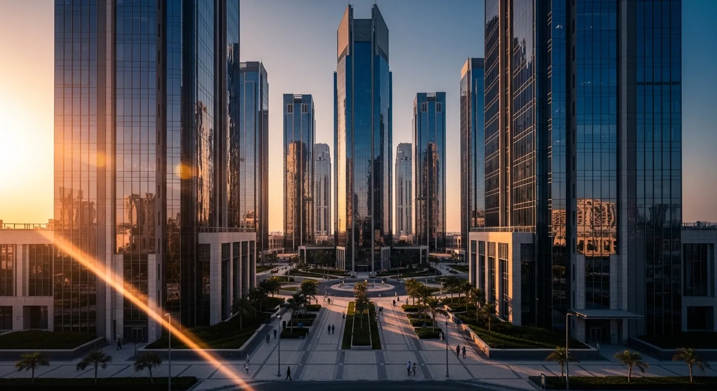 Modern UAE free zone business district with glass skyscrapers at golden hour