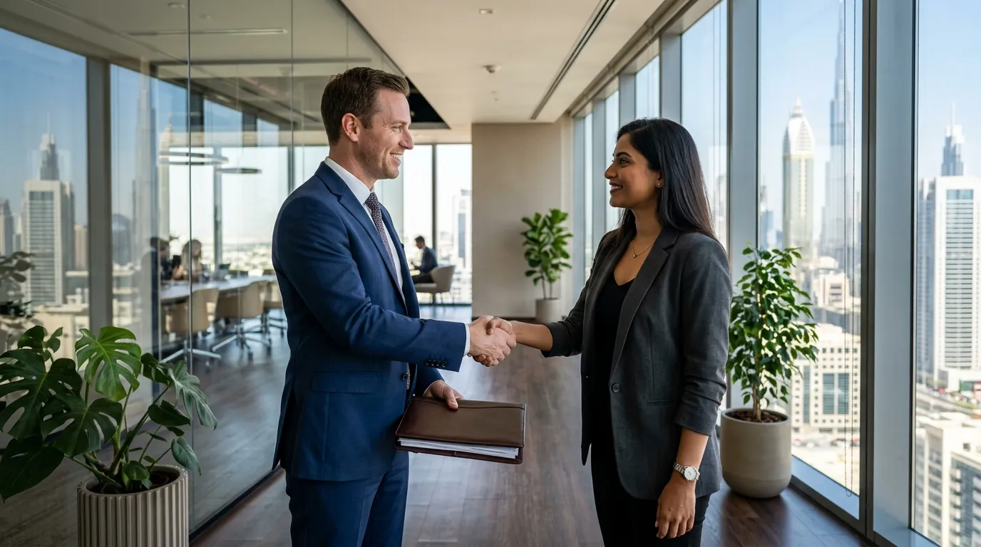 Business professionals completing a UAE free zone company ownership agreement