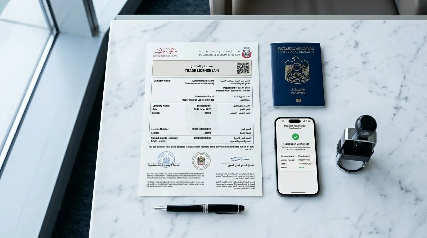 UAE free zone company formation documents including trade license and passport on a desk